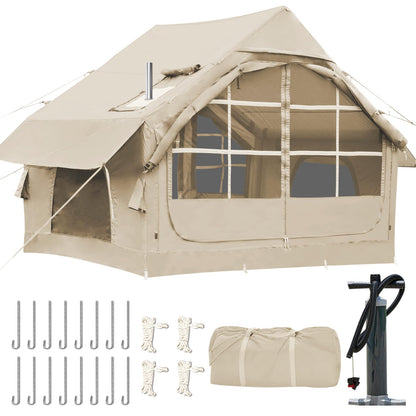Blow Up Tent with Skylight and Stove Jack,4-6 Person Inflatable Camping Hot Tent with Pump,Easy Setup Family Camping Tent 4 Season Waterproof Outdoor Tents,Beige