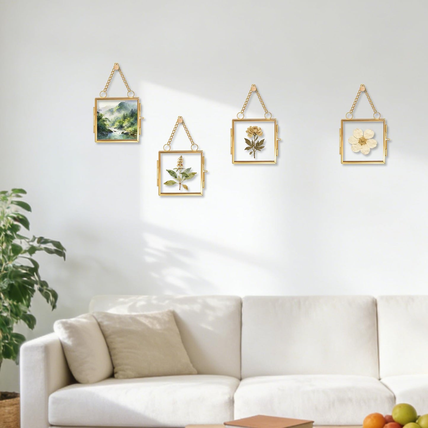 Orepzinc 4 Pcs Mini Brass Wall Hanging Photo Frame, Square Glass Hanging Picture Artwork Display Frame, Double Glass Floating Frame Style Gallery Wall for Picture, Pressed Flower (3.5x3.5 inch)