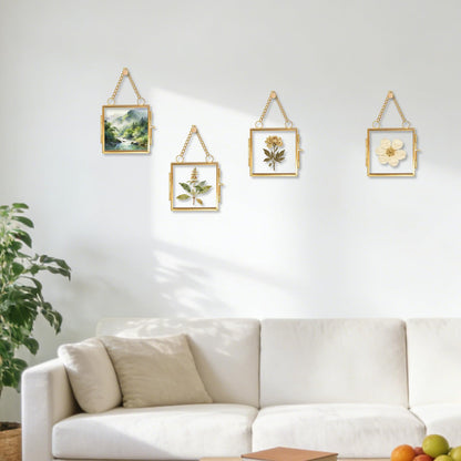 Orepzinc 4 Pcs Mini Brass Wall Hanging Photo Frame, Square Glass Hanging Picture Artwork Display Frame, Double Glass Floating Frame Style Gallery Wall for Picture, Pressed Flower (3.5x3.5 inch)