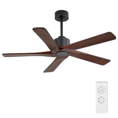 WINGBO 48" DC Ceiling Fan No Light - 5 Carved Solid Wood Blades, 6-Speed Reversible DC Motor, Ceiling Fan without Lights for Living Room Bedroom Kitchen Patio, Indoor and Outdoor, Black and Walnut