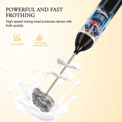 Milk Frother Handheld,Dallfoll USB Rechargeable Electric Foam Wand Maker for Coffee, 3 Speeds Mini Milk Foamer Drink Mixer with 2 Whisks for Bulletproof Coffee Frappe Latte Cappuccino Hot Chocolate