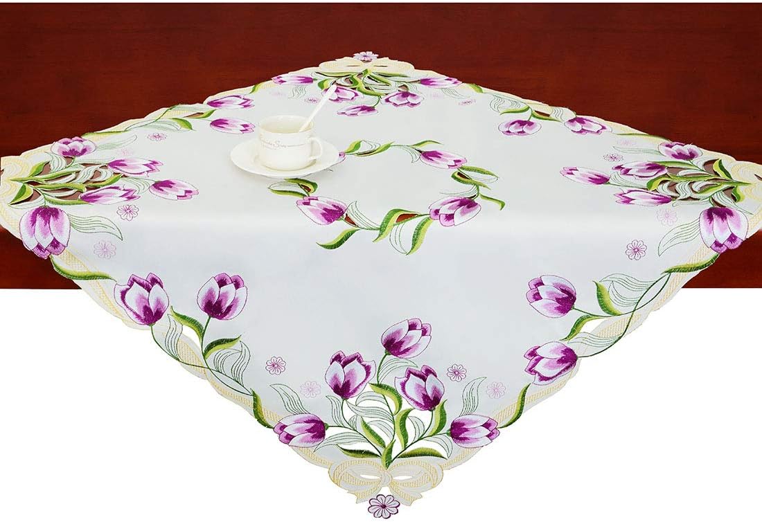 33 33 Inch) Simhomsen Embroidered Tulip Square Tablecloth, Spring Floral Toppers, Tablecovers for End Table, Tea Table