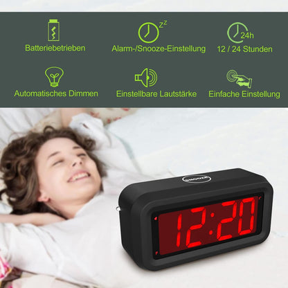 Digital Alarm Clock, Small Wall Clock, Battery Operated with 1.2" LED Large Display, for Bedroom/Desk