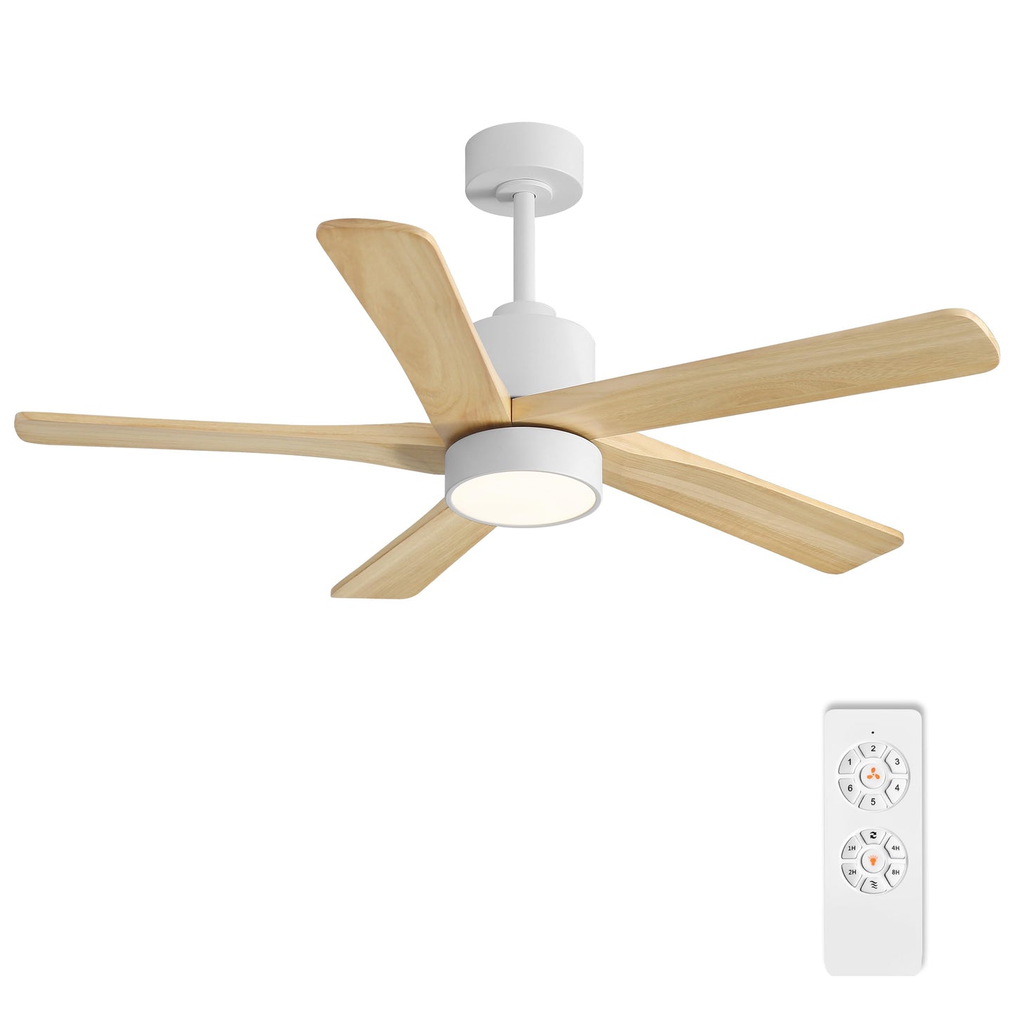 WINGBO 48 Inch DC Ceiling Fan with Lights and Remote Control, 5 Carved Solid Wood Blades, 6-Speed Noiseless Reversible DC Motor, Indoor Ceiling Fan in Gloss White Finish with Oak Blades