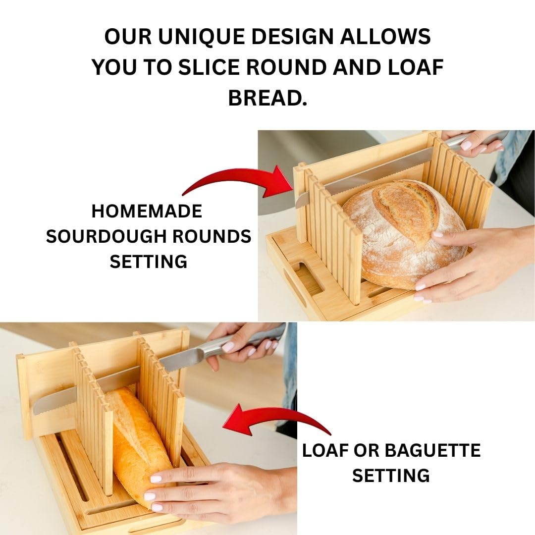 Bread Slicer for Sourdough Rounds & Homemade Bread - Round, Loaf & Baguette. Bamboo Bread Cutting Guide W/Crumb Tray - Foldable - Knife Not Included. Recommended: Serrated Knife Blade 10-12 Inches