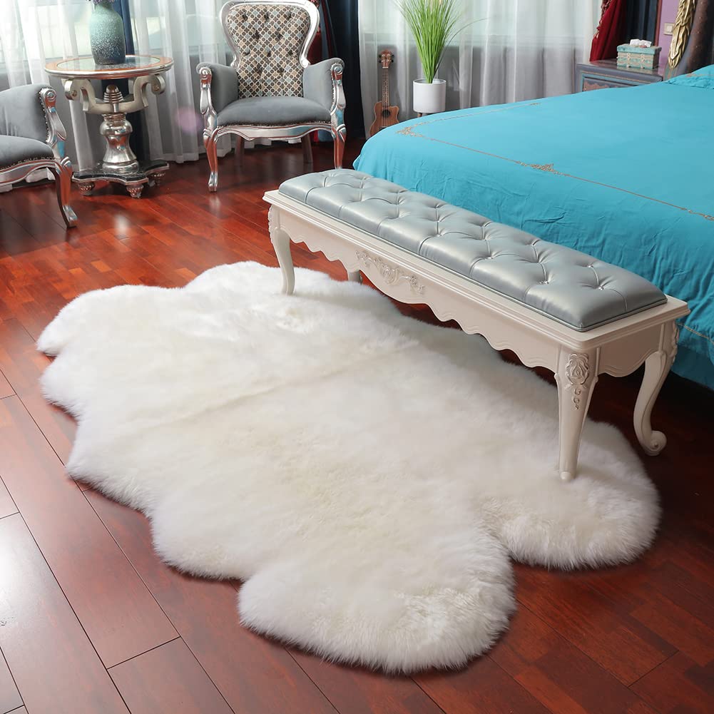 LLB Genuine Sheepskin Area Rug Wool Rug Fur Carpet Fluffy Shaggy Fur Rug for Living Room Kids Bedroom Real Sheepskin Throw Lambskin Rugs Sofa Mat Chair Seat Covers (Ivory White, 4 x 6 ft Sheepskin)