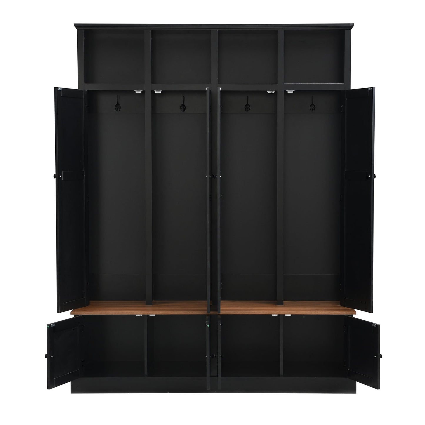 Shaical Hall Tree with Bench and Shoe Storage, 4-in-1 Entryway Bench with Coat Rack & Cabinets, Open Cubbies 4 Hooks, 76.7" H Wooden Storage Organizer for Hallway, Mudroom, Entrance, Black