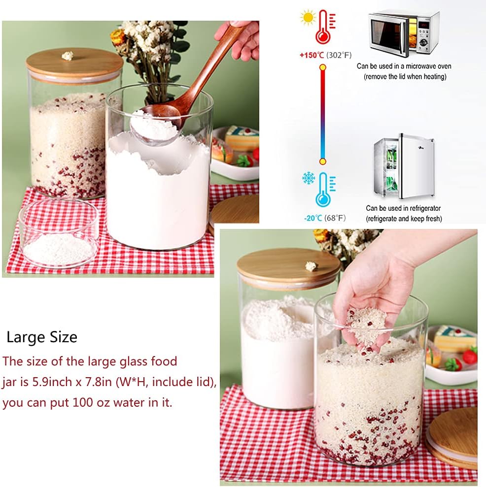 Large Glass Flour Container with Airtight Bamboo Lid, 3L Food Jar for Storage of Flour, Sugar, Cookies, Rice