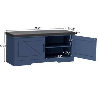 HOMSHO 2-Tier Storage Bench, 39.4" Wide Shoe Bench with Padded Seat Cushion, Entryway Bench with 2 Barn Doors and Adjustable Shelf, Blue