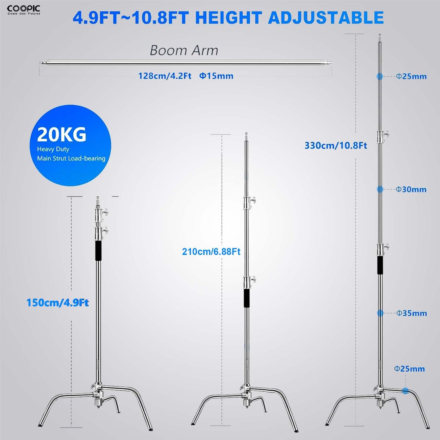 280cm Pro C-Stand Light Stand – Stainless Steel with 103cm Boom Arm, Adjustable Base, 2 Grip Heads, Carrying Bag, Sandbag & Clips for Photography & Video Lighting