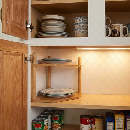 2-Tier Counter (1, 6.7" Expandable Bamboo Corner Shelf - Dish/Plate Organizer for Cabinet, Kitchen Shelf & Small
