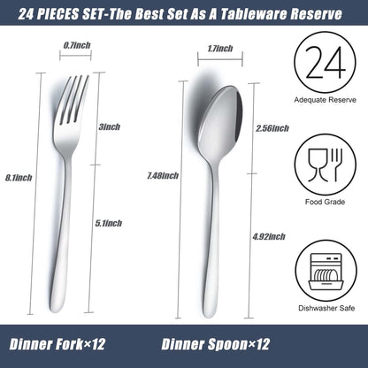 Gymdin 24 Pcs Forks and Spoons Silverware Set, Food Grade Stainless Steel Flatware Cutlery Set for Home, Kitchen and Restaurant, 12 Dinner Forks and Dinner Spoons, Mirror Polished & Dishwasher Safe