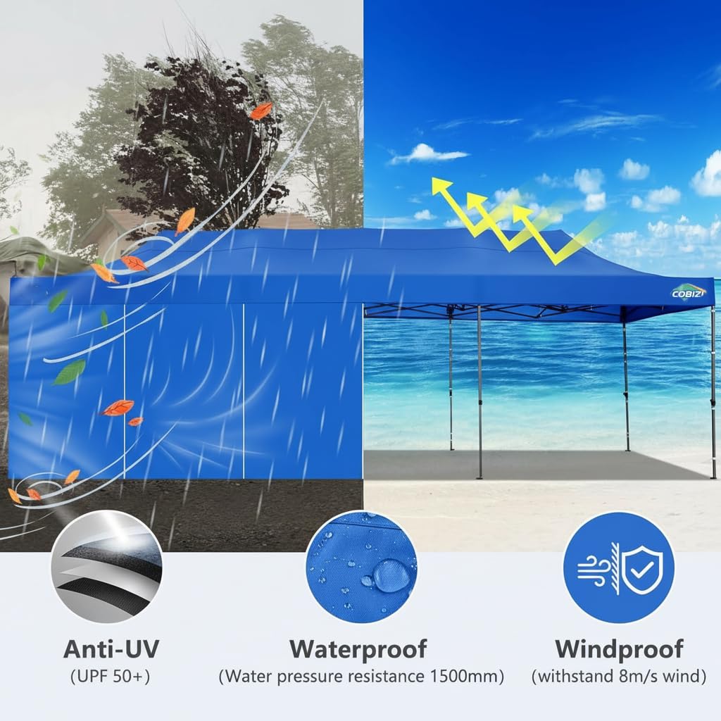 COBIZI 10x30 Pop up Canopy Heavy Duty Outdoor Extra Thick Frame Tents with 8 sidewalls for Parties UPF 50+ Waterproof Commercial Gazebo with Roller Bag, Blue(Windproof Upgraded)