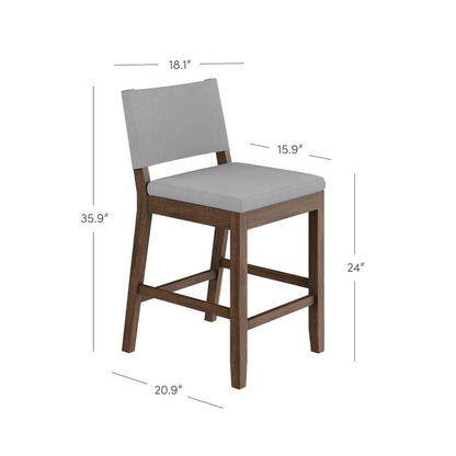 Nathan James Linus Modern Upholstered Counter Height Bar Stool with Back and Solid Rubberwood Legs in a Dark Brown Wood, Natural Light Grey/Brown