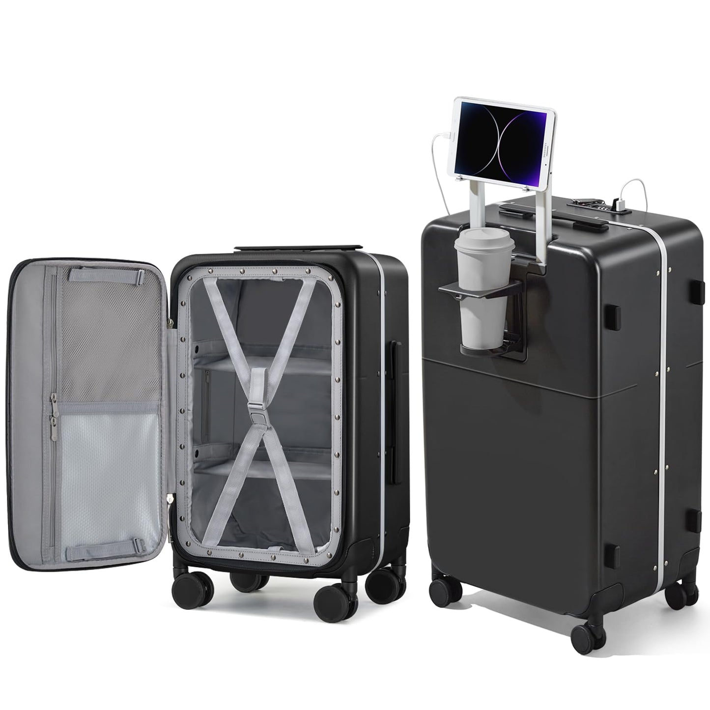 Hanke 28 Inch Checked Luggage with Cup Holder and USB Ports, Top Opening Hard Shell Suitcase with Wheels, Aluminum Frame Large Trunk Luggage with Foldable Divider & TSA Lock for Travel, Jet Black