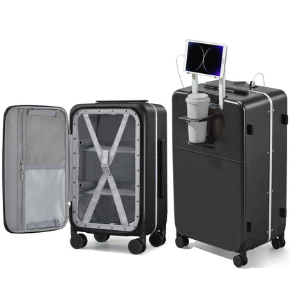 Hanke 28 Inch Checked Luggage with Cup Holder and USB Ports, Top Opening Hard Shell Suitcase with Wheels, Aluminum Frame Large Trunk Luggage with Foldable Divider & TSA Lock for Travel, Jet Black