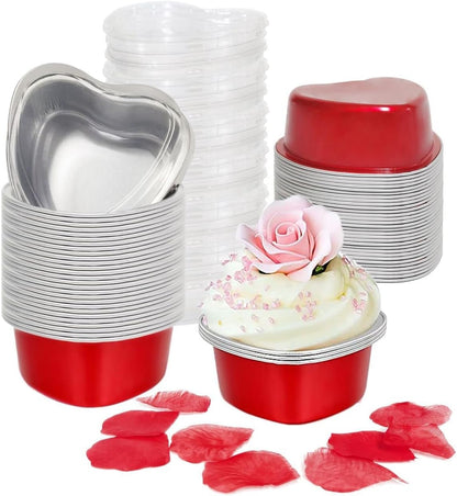 Heart Shaped Cake Pans for Baking, BLVRYVIO 50 Sets Aluminum Cupcake Cups with Lids, Red