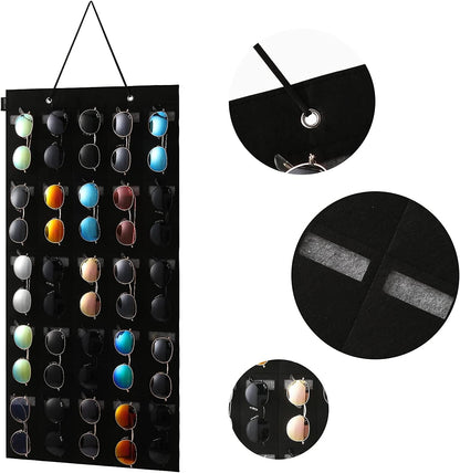 Sunglasses Organizer Storage, Hanging Eyeglasses Wall Pocket Mounted, 25 Slots, Large, Black