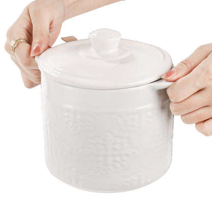 Lyellfe Ceramic Bacon Grease Container, 1.2L/40 Oz Oil Filter Pot with Strainer, White Carved Cooking Oil Container for Fat Frying Used Cooking Oil Kitchen
