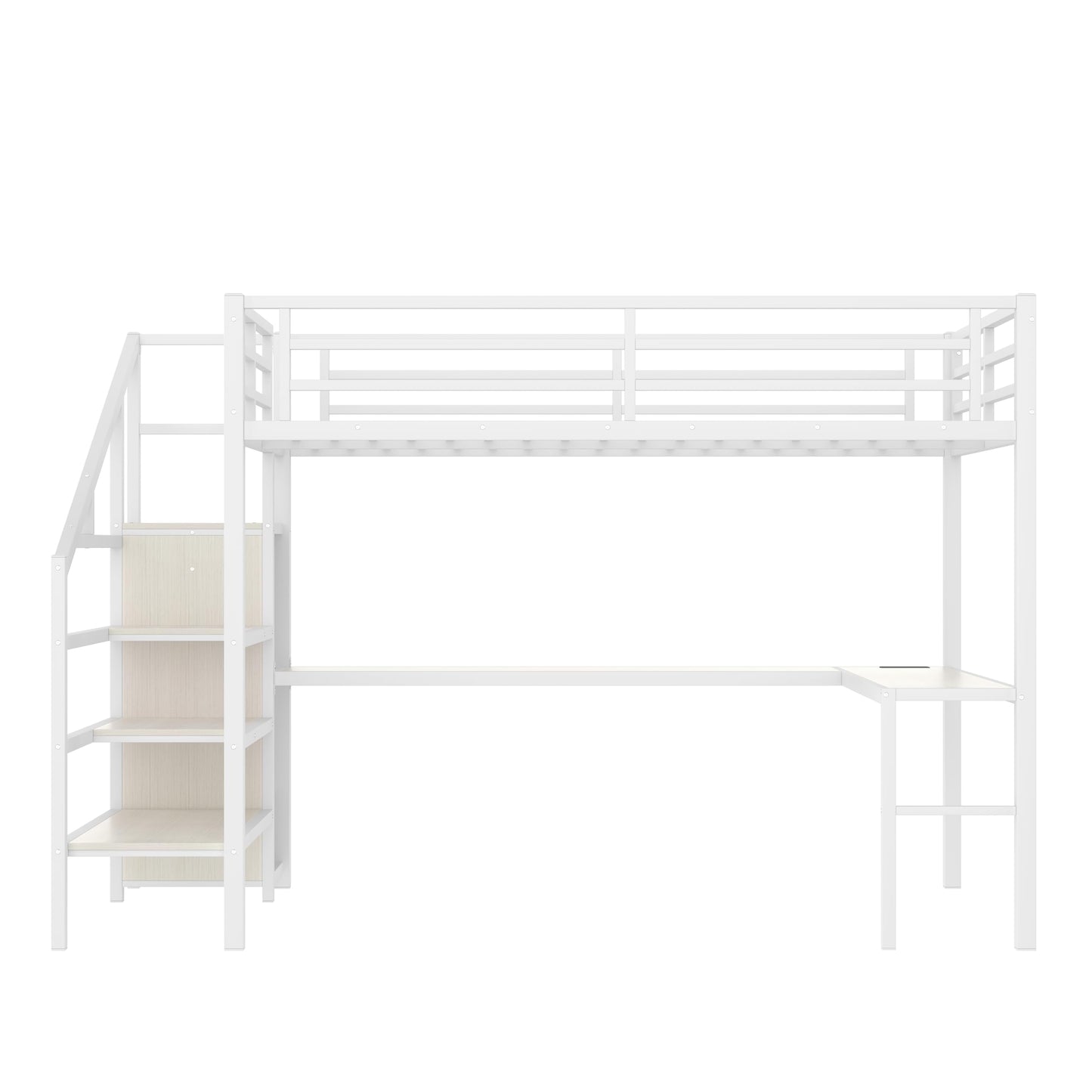 Bellemave Queen Loft Bed with Staircase and L Desk, Wardrobe, Metal Queen Loft Bed Frame for Adults, Kids, Teens, White Wood-Grain
