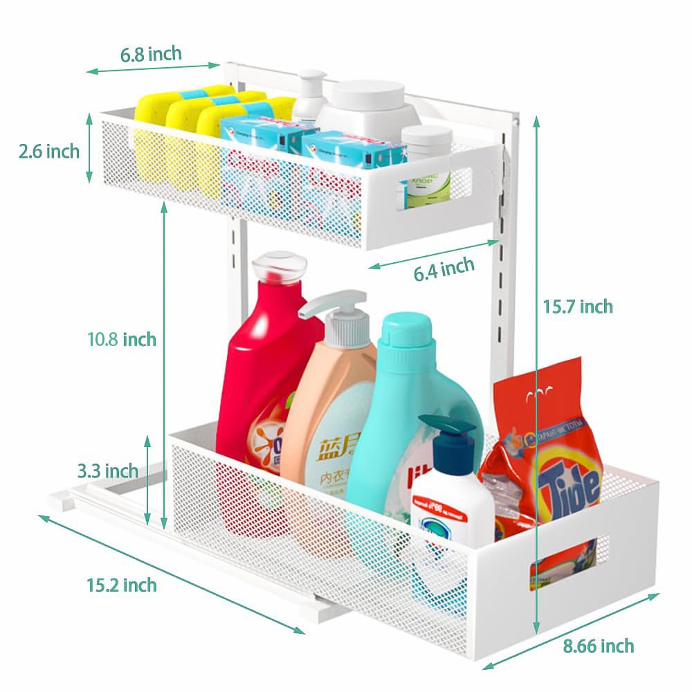 Petiza Under Sink Organizer Adjustable Height 2 Tier Bathroom Organizer Pull Out Cabinet Organer kitchen organizers and storage fridge organizers and storage,White,XL-1 Pack