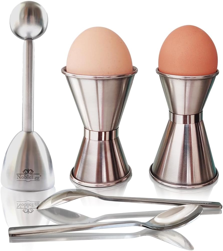 18/8 Set 2 NobleEgg Egg Cups for Soft Boiled Eggs, All Sizes, Topper, Spoons, Stainless Steel