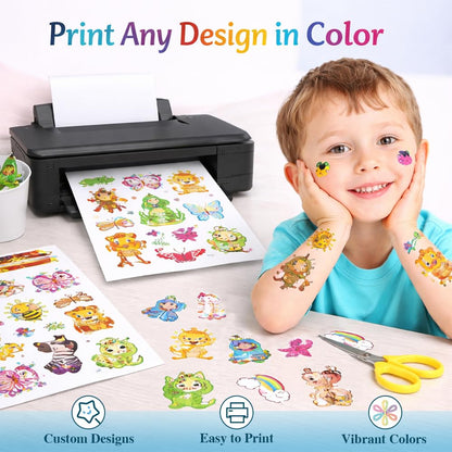 15 Sheets Printable Temporary Tattoo Paper for Inkjet Printer - 8.5 x 11 in DIY Custom Design Transfer Sheets with Vibrant Color Prints for Mother's Day, Kids & Adults