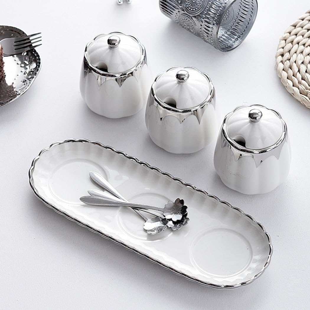 Magnitt Porcelain Condiment Jar Spice Container with Lids, Spoon and Tray, Set of 3,Modern Spice Box Seasoning Jar for Your Home, Kitchen, Counter (White gold)
