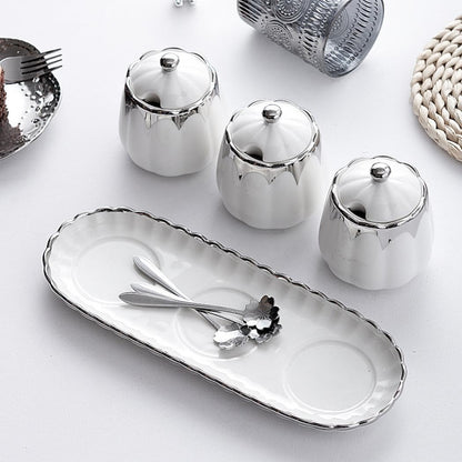 Magnitt Porcelain Condiment Jar Spice Container with Lids, Spoon and Tray, Set of 3,Modern Spice Box Seasoning Jar for Your Home, Kitchen, Counter (White gold)