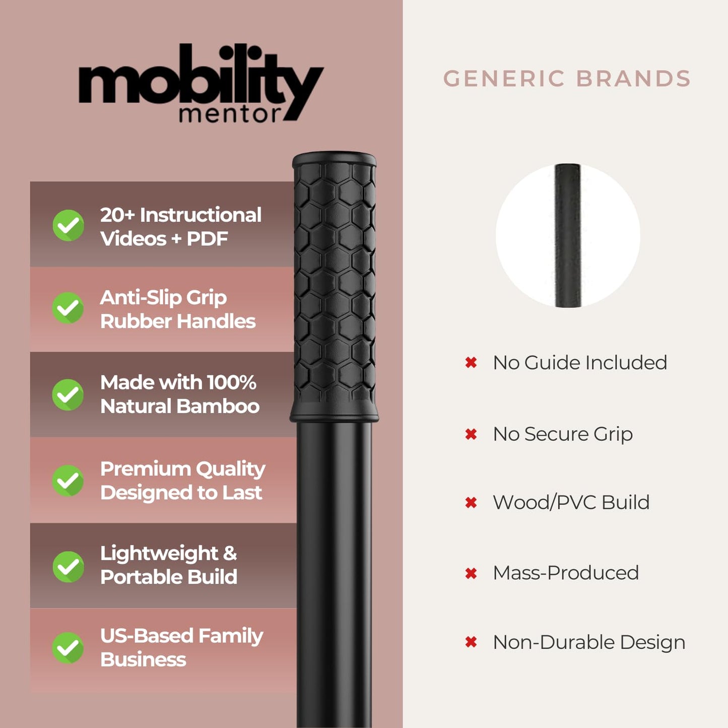 Mobility Mentor Yoga Stick - Mobility Stick - Large Bamboo Exercise Stick for Stretching - Workout Stick - Posture Corrector Stick Mobility - Yoga Bar - Stretch Stick for Fitness - Physical Therapy