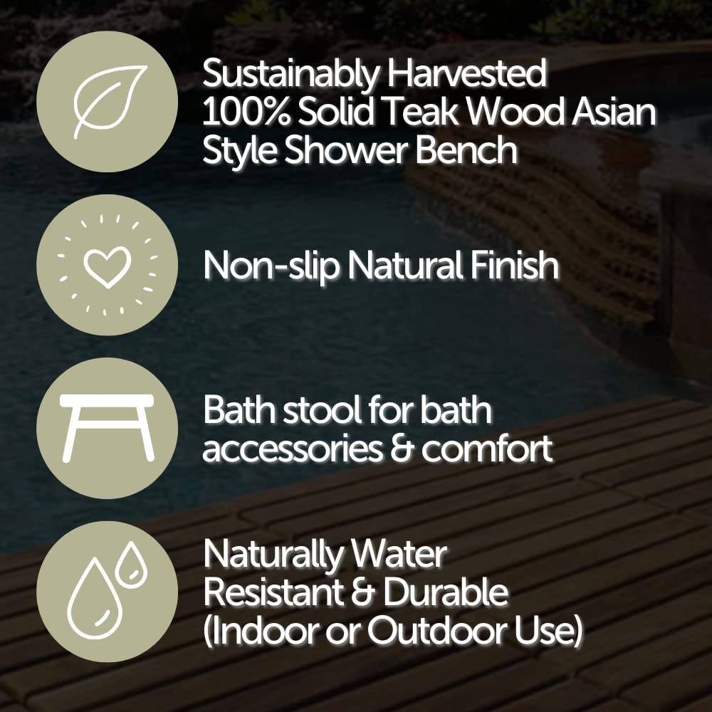 Nordic Teak Natural Teak Shower Stool with Curved Seat & Shelf | Spa-Style Bench for Bath | Shower | SPA | Pool | Patio | Select Grade (Natural Phoenix)