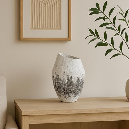 Handcrafted Textured Ceramic Vase – White & Black Asymmetrical Pottery with Rustic Matte Finish – Modern Decorative Accent for Shelves, Consoles, and Tabletops