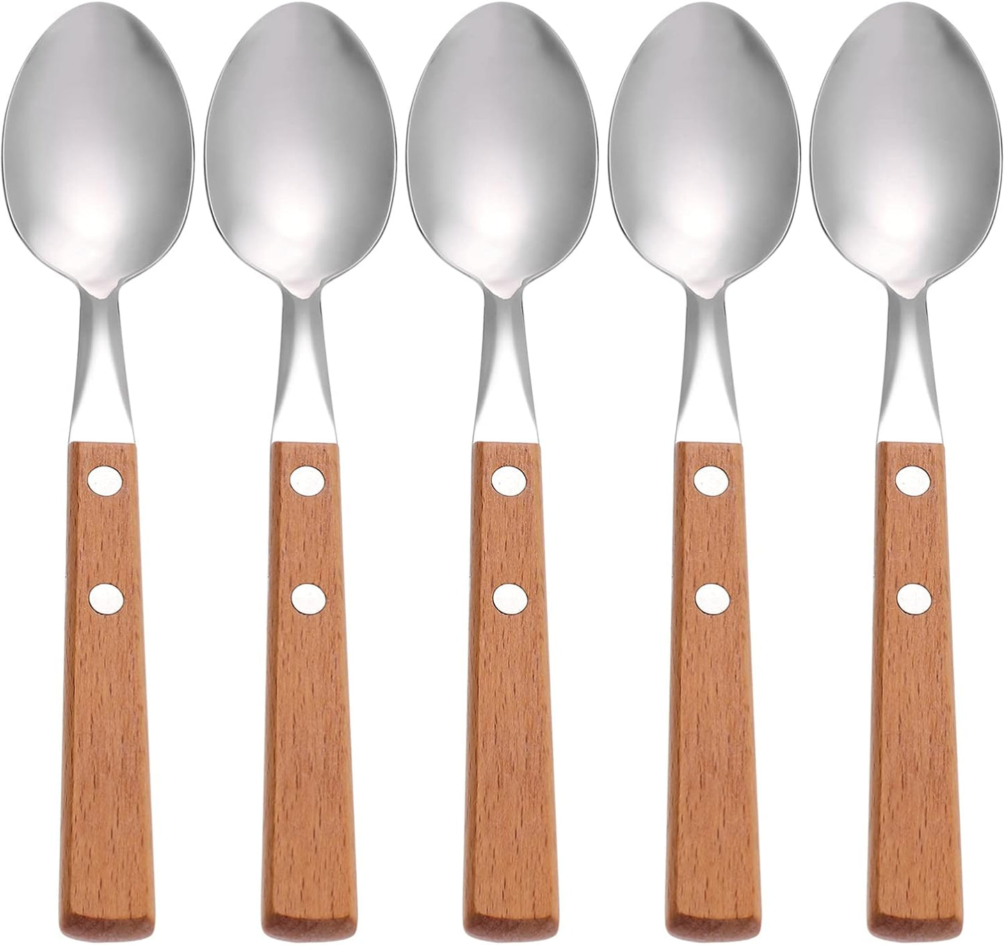Hemoton 5pcs Stainless Steel Dessert Spoons, Wood Handle Tea Spoons, Ice Cream Cake Tasting Spoon, Dinner Spoon for