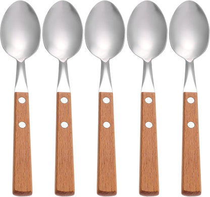 Hemoton 5pcs Stainless Steel Dessert Spoons, Wood Handle Tea Spoons, Ice Cream Cake Tasting Spoon, Dinner Spoon for