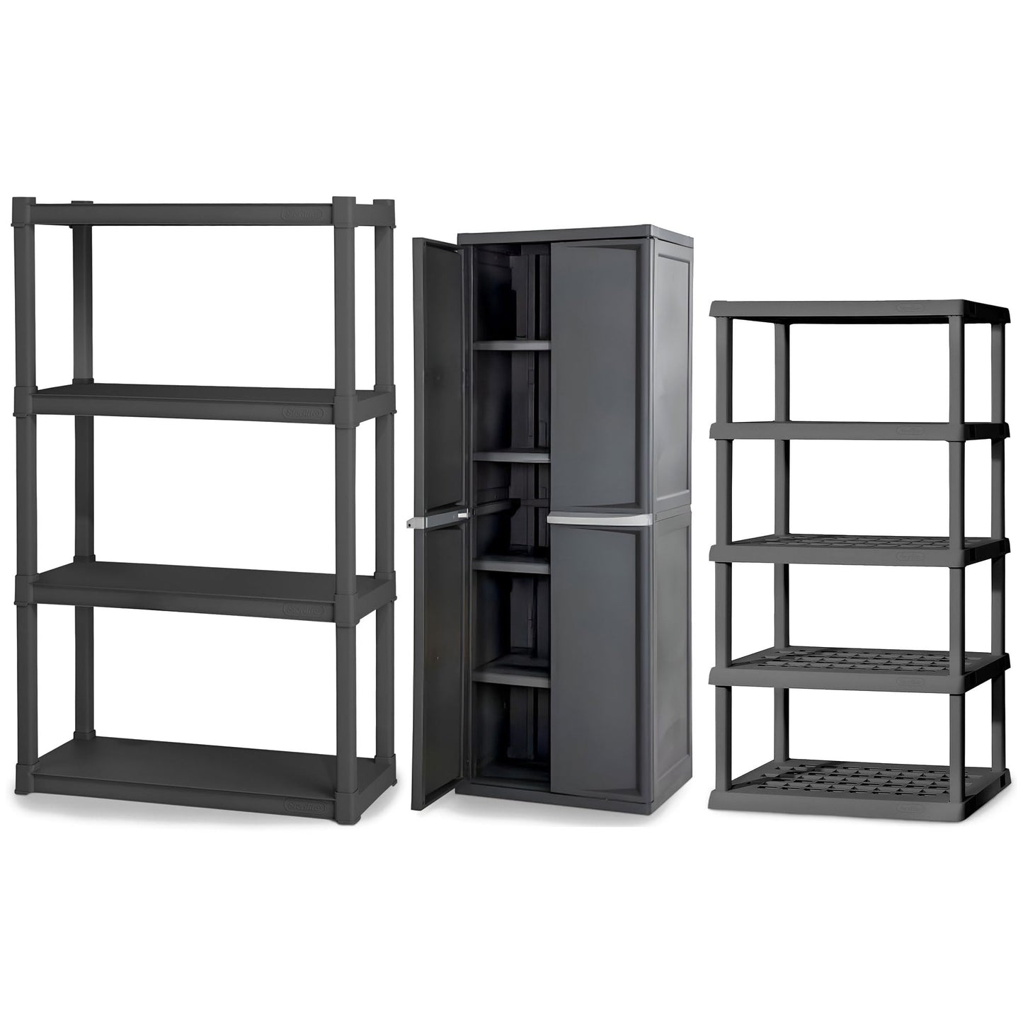 Sterilite 4 & 5 Shelf Plastic Storage Units Bundled with Easy to Assemble Storage Cabinet for Garage, Pantry & Kitchen Organization, 4 Shelves, Gray