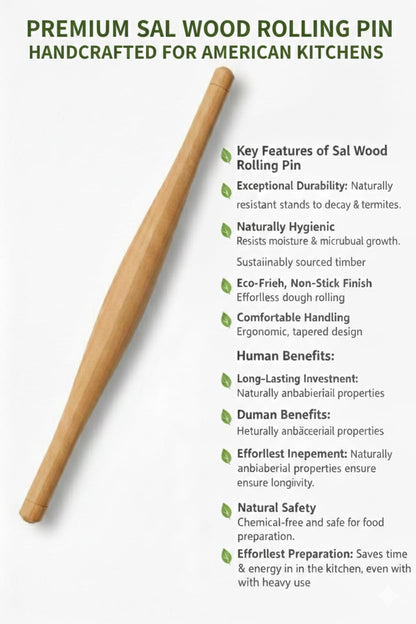 16Inch Professional French Rolling Pin for Baking Premium Sal Hardwood Dough Roller for Pizza Pastry Fondant & Cookies Lightweight Durable & Moisture Resistant Tapered Wood Roller for Kitchen