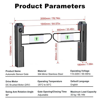 Public Entrance Automatic Turnstile with Radar Sensing - 90° Swing Gate for Transportation Hubs & Retail, Featuring Reverse Alarms & LED Indicators, One-Way Entry Access Control System
