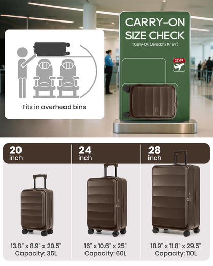 Joyway Luggage Set 3 Piece Top Opening Suitcase Set with Spinner Wheel and TSA Lock, PC Hard Shell Carry on Luggage with Front Pocket for Woman Men (Coffee)