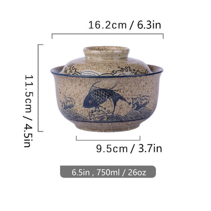 Ceraozmus Ceramic Ramen Bowl Set, 800ml, with Lid, Spoon and Chopsticks, Japanese Vintage Large Soup Bowls Instant Noodle Bowl Asian Tableware (Fish*1)
