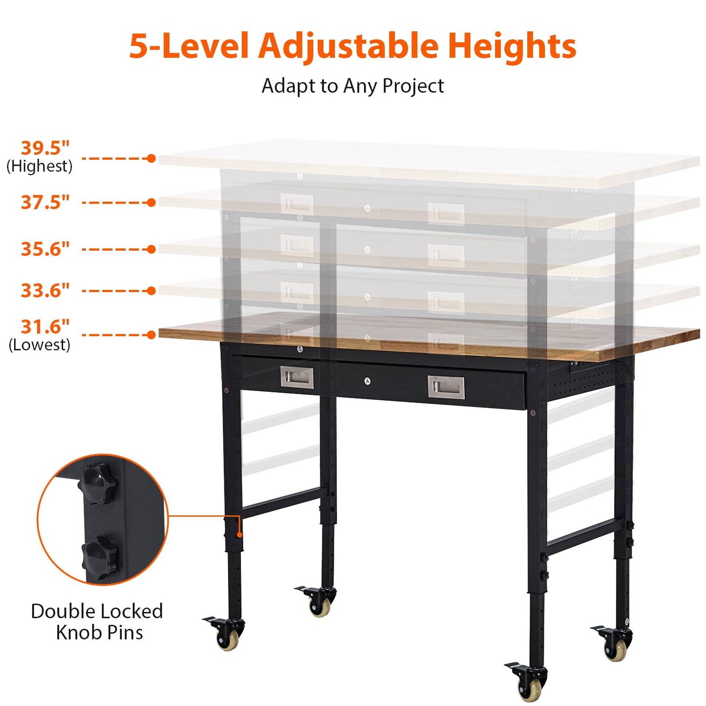 ACONEE 60" Adjustable Workbench with Drawer Storage, Heavy-Duty Worktable with Pegboard & Power Outlet, Solid Steel Frame, 2000LBs Load Capacity Rubber Wood Top Workbench for Garage, Office, Workshop
