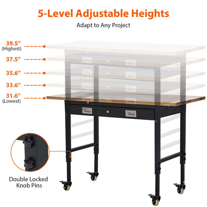 ACONEE 60" Adjustable Workbench with Drawer Storage, Heavy-Duty Worktable with Pegboard & Power Outlet, Solid Steel Frame, 2000LBs Load Capacity Rubber Wood Top Workbench for Garage, Office, Workshop
