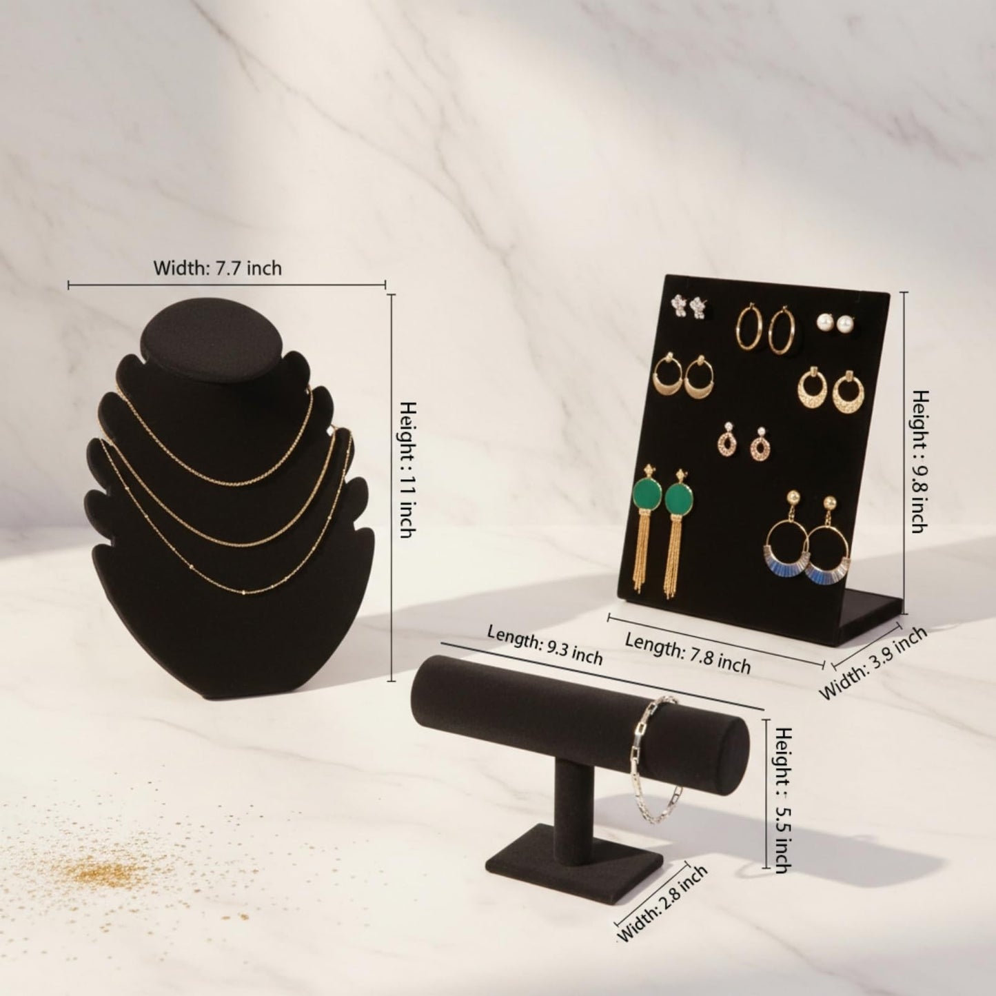 Fliqor 3 Pcs Black Velvet Jewelry Display Set, Necklace Bust Mannequin, T-Bar Bracelet Holder & L-Shaped Earring Rack, Jewelry Display Stand for Selling, Shows, Photography & Home Organization
