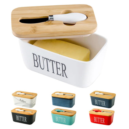 Butter Dish with Lid - Hasense White Ceramic Butter Dish with Airtight Cover and Knife for Countertop, Large Butter Holder Keeper Container with Silicone Sealing Ring for West East Coast