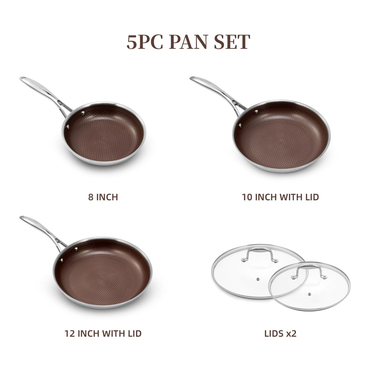 DELUXE Hybrid Ceramic Nonstick 5-PC Fry Pan Set,8,10,12 Inch Frying Pans with Tempered Glass Lid,Stay-Cool Handle, Dishwasher Safe, Works on All Stovetops Induction for Home Daily Cooking (Burgundy)