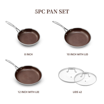 DELUXE Hybrid Ceramic Nonstick 5-PC Fry Pan Set,8,10,12 Inch Frying Pans with Tempered Glass Lid,Stay-Cool Handle, Dishwasher Safe, Works on All Stovetops Induction for Home Daily Cooking (Burgundy)