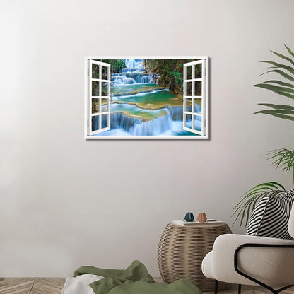 Grand Waterfall Wall Art Window View Decor, Green Mountain Pictures Canvas Print for Bedroom, Framed Ready to Hang