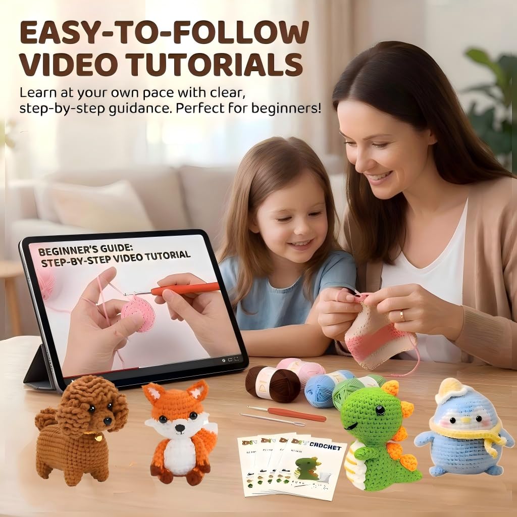 LeRoWen Animal Crochet Kit for Beginners - Makes 8 Animals, DIY Amigurumi Craft Set with Yarn, Hooks & Video Tutorials - Gifts for Adults, Women & Mom
