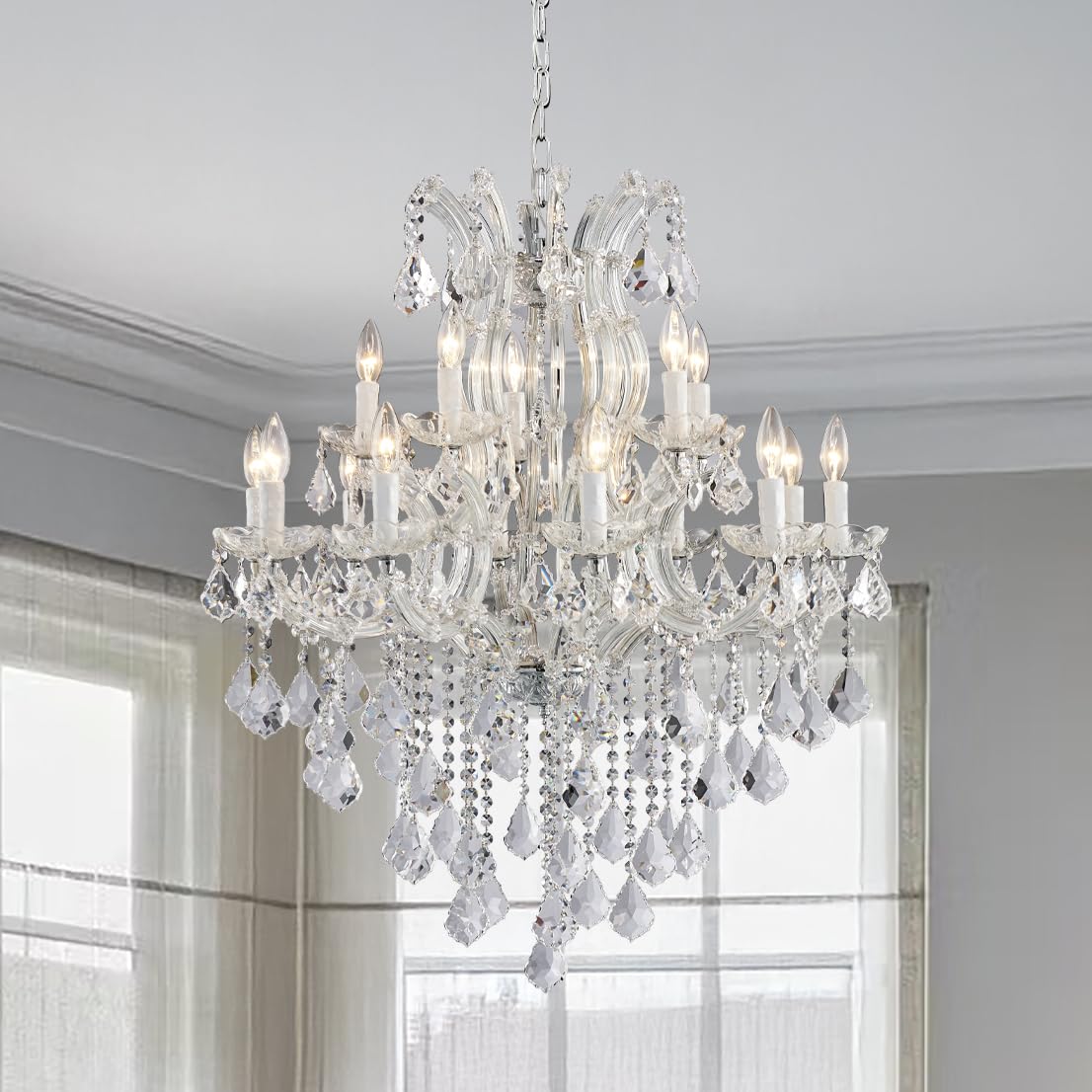 TMAFON Modern Chrome Chandelier Light Fixture - Luxury Maria Theresa Crystal Chandeliers for Dining Room, Kitchen Island, Living Room, Bedroom, 15 Lights, 2 Layers