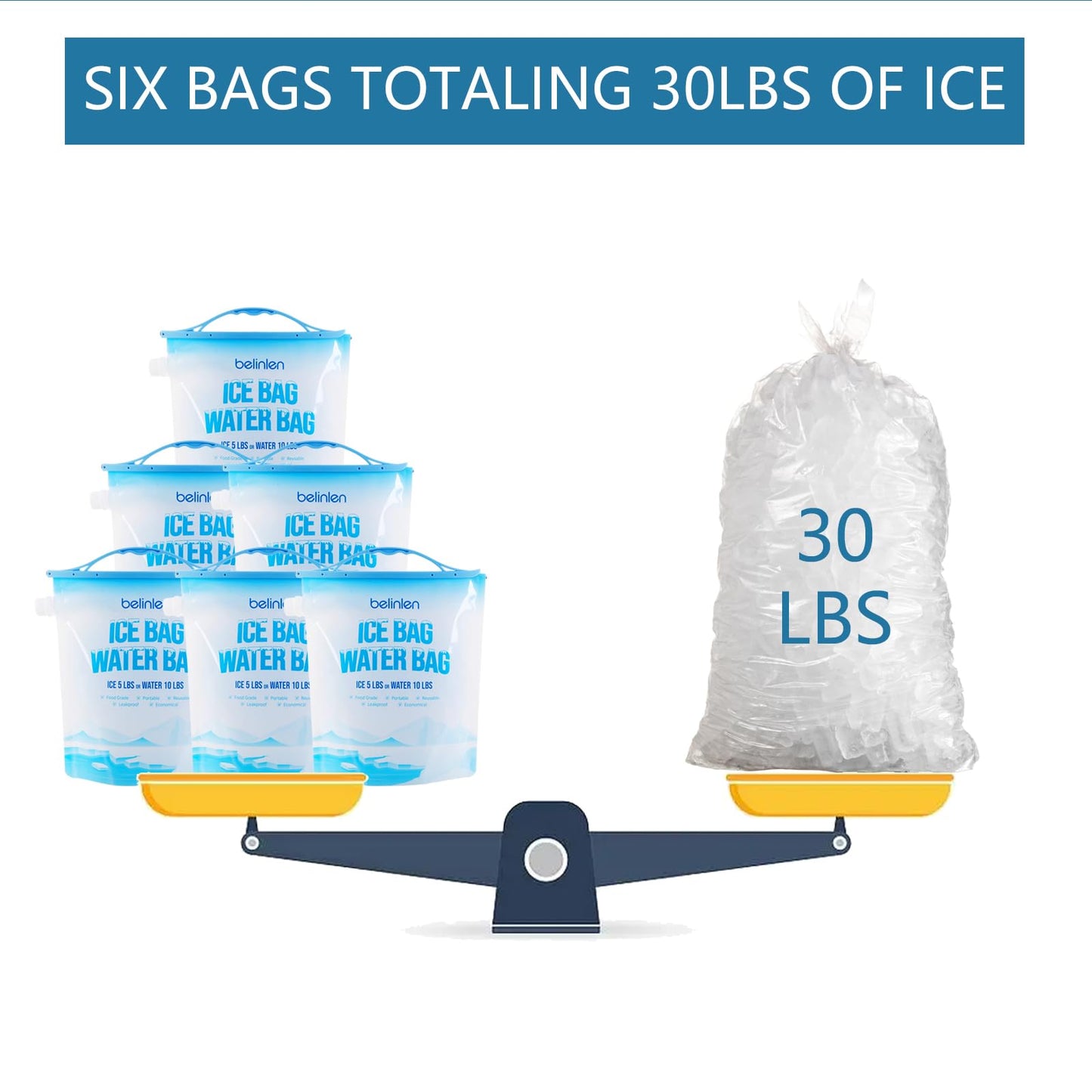 Belinlen 6 Pack Reusable Ice Bags for Cooler 5lb Cooler Ice Cube Bag with Sealed Sliding Handle, Long Lasting Cold Dry Freezer Packs Leakproof Ice Bag for Camping, Hiking, Fishing and Drinks(11 x 14)
