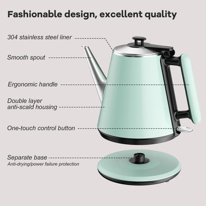 Small Electric Kettle 0.9L, 304 Stainless Steel Inner, 1000W Fast Boiling in 4-6 Mins, Vintage Compact Design with One Key Operation, Auto Shut Off, Dry Boil Protection, for Home, Office, Coffee Etc.